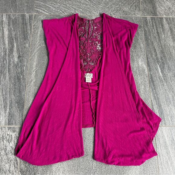 EUC Eyelash Couture Short Cap Sleeve Open Cardigan Pockets Lace Back Cut Out S - Picture 14 of 14